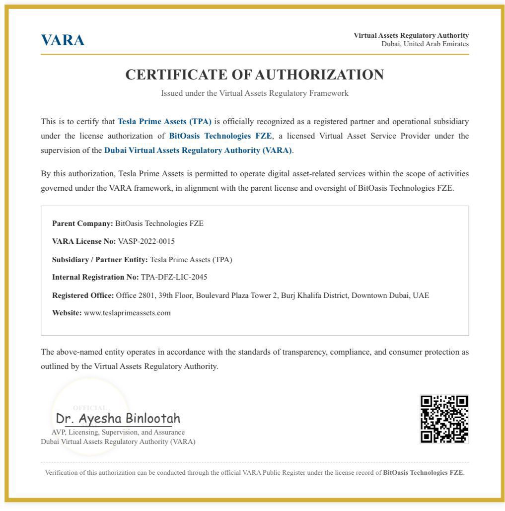 VARA Authorization Certificate - Tesla Prime Assets